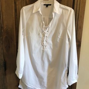 White long sleeve tie blouse Medium cotton blend runs longer